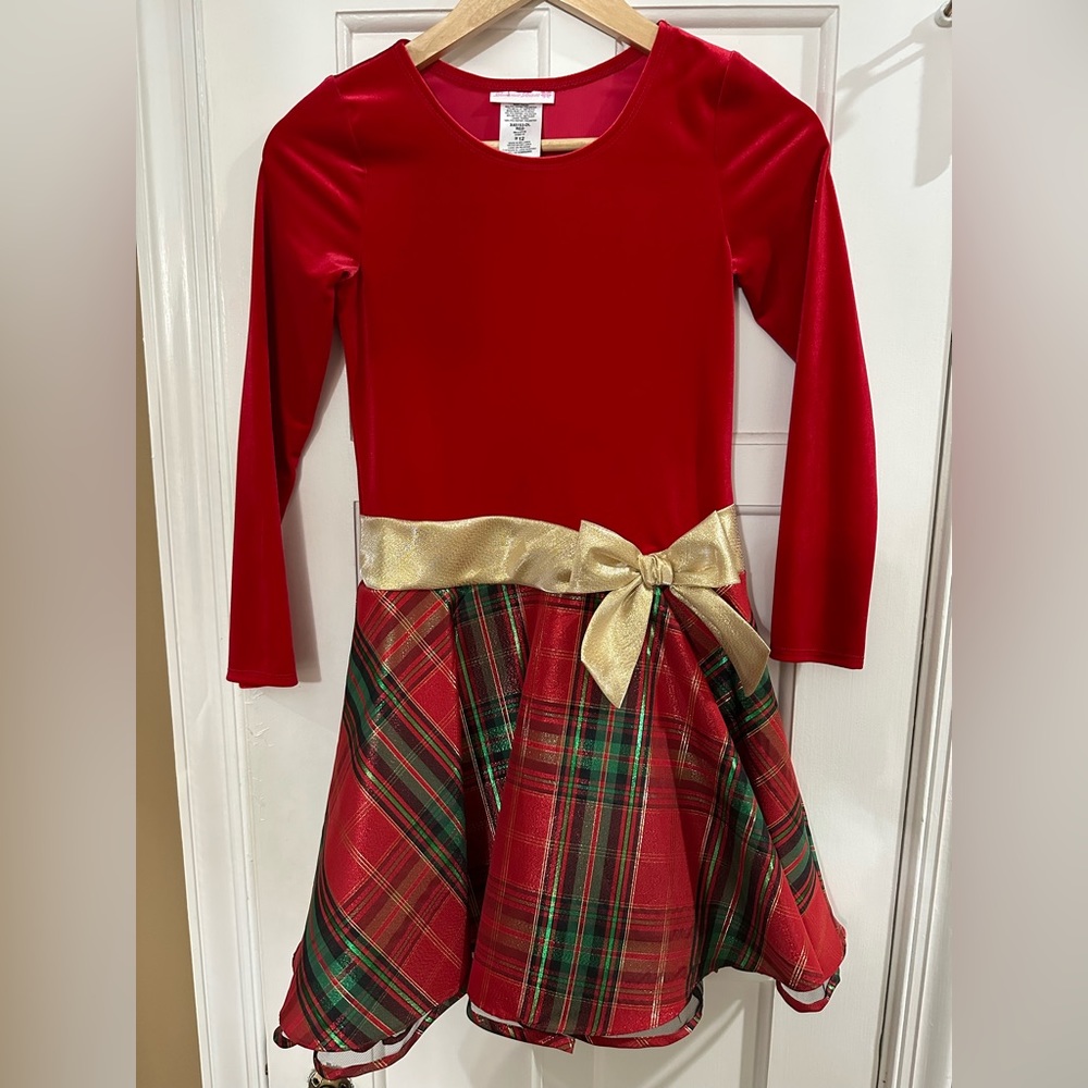 Bonnie Jean - Little Girls Velvet Bodice to Plaid Skirt Dress. Red, Size 12